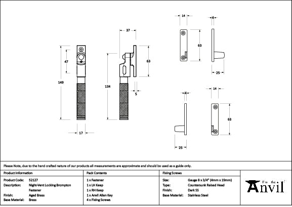 Aged Brass Night-Vent Locking Brompton Fastener