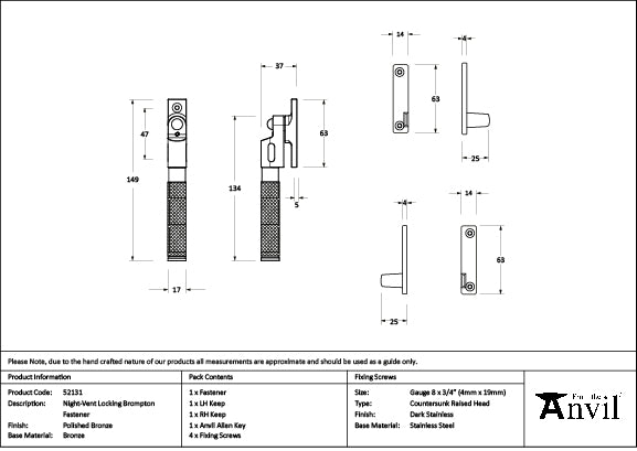 Polished Bronze Night-Vent Locking Brompton Fastener