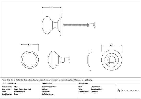 Burnished Brass Round Centre Door Knob
