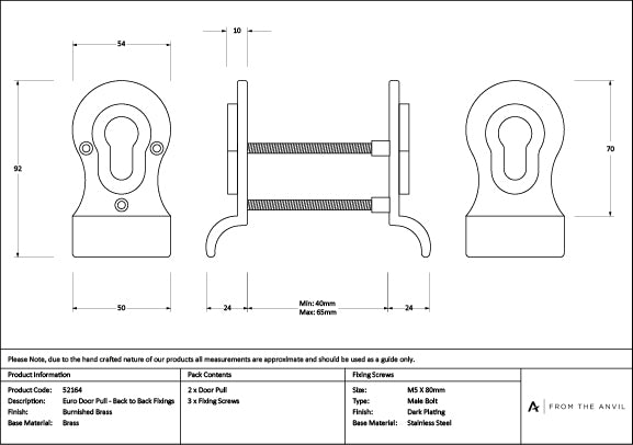 Burnished Brass 50mm Euro Door Pull (Back to Back fixings)