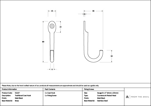 Matt Black Traditional Coat Hook