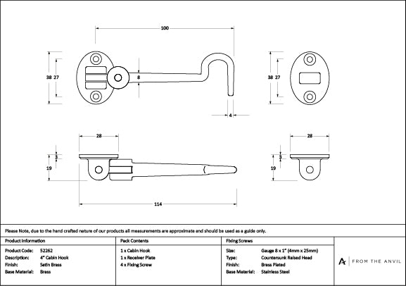 Satin Brass 4" Cabin Hook