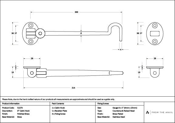 Polished Brass 8" Cabin Hook