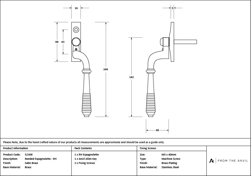 Satin Brass Reeded Espag - RH