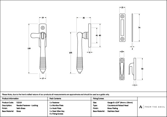 Satin Brass Locking Reeded Fastener