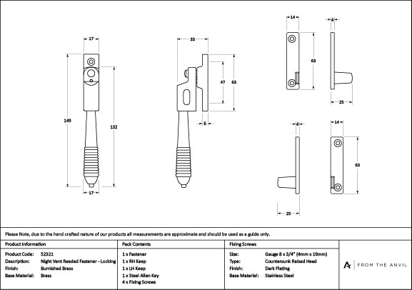 Burnished Brass Night-Vent Locking Reeded Fastener
