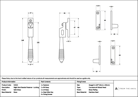 Satin Brass Night-Vent Locking Reeded Fastener