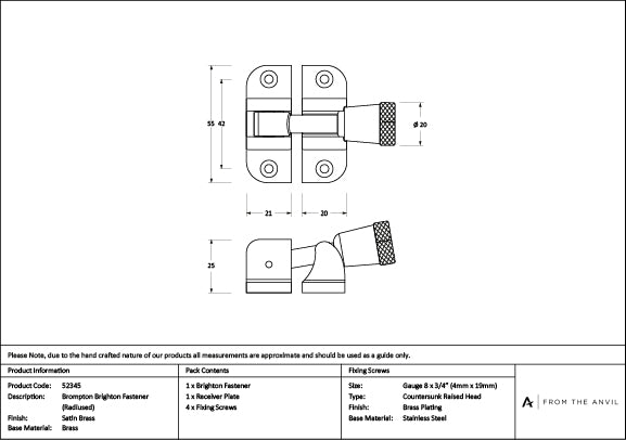 Satin Brass Brompton Brighton Fastener (Radiused)
