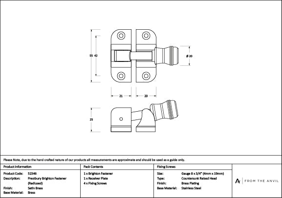 Satin Brass Prestbury Brighton Fastener (Radiused)