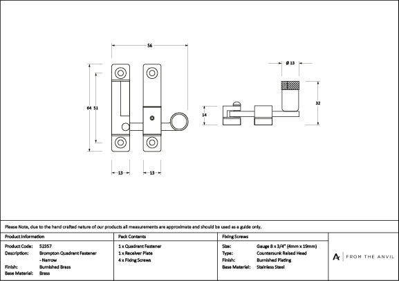 Burnished Brass Brompton Quadrant Fastener - Narrow