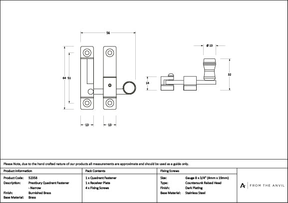 Burnished Brass Prestbury Quadrant Fastener - Narrow