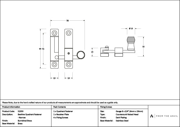 Burnished Brass Beehive Quadrant Fastener - Narrow