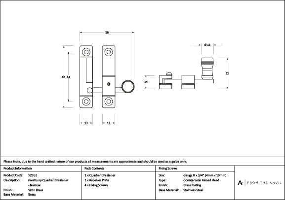 Satin Brass Prestbury Quadrant Fastener - Narrow