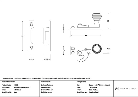 Satin Brass Beehive Sash Hook Fastener