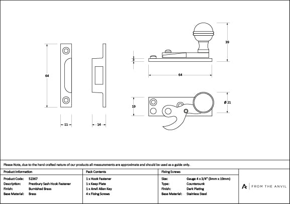 Burnished Brass Prestbury Sash Hook Fastener