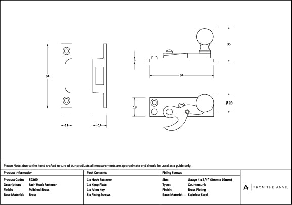 Polished Brass Sash Hook Fastener
