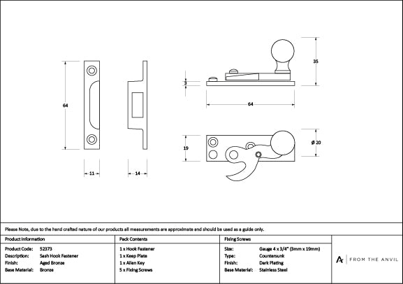 Aged Bronze Sash Hook Fastener