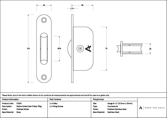 Polished Nickel Radiused Sash Pulley 75kg