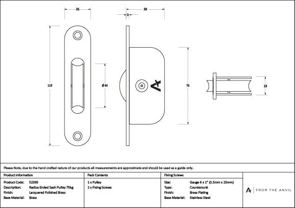 Lacquered Brass Radiused Sash Pulley 75kg