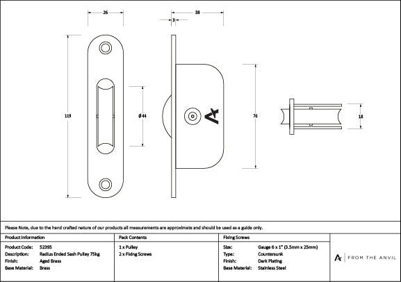 Aged Brass Radiused Sash Pulley 75kg