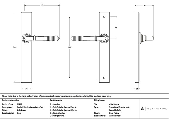 Satin Brass Reeded Slimline Lever Latch Set