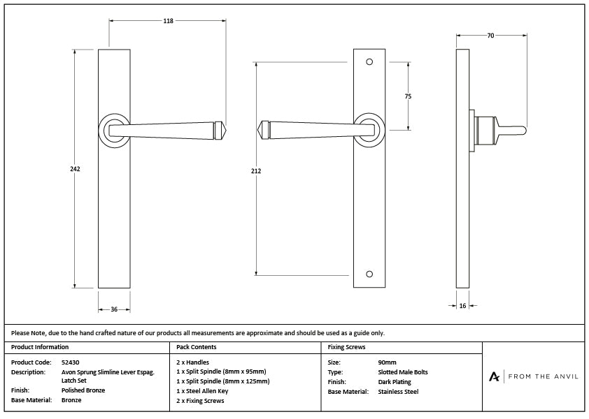 Polished Bronze Avon Slimline Lever Latch Set
