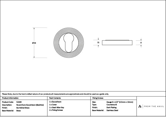 Burnished Brass Round Euro Escutcheon (Beehive)