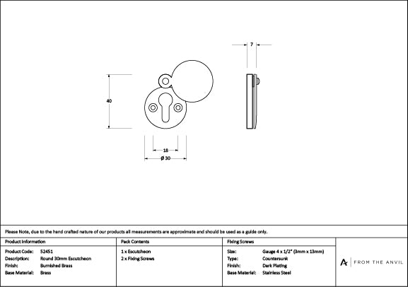 Burnished Brass 30mm Round Escutcheon