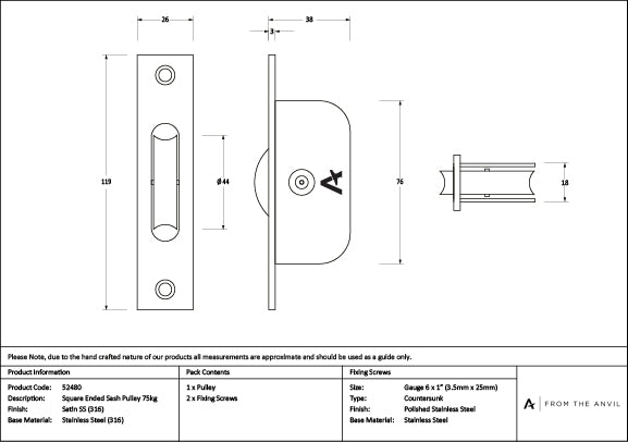 Satin Marine SS (316) Square Ended Sash Pulley 75kg