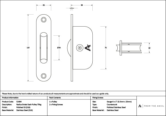 Polished Marine SS (316) Radiused Sash Pulley 75kg