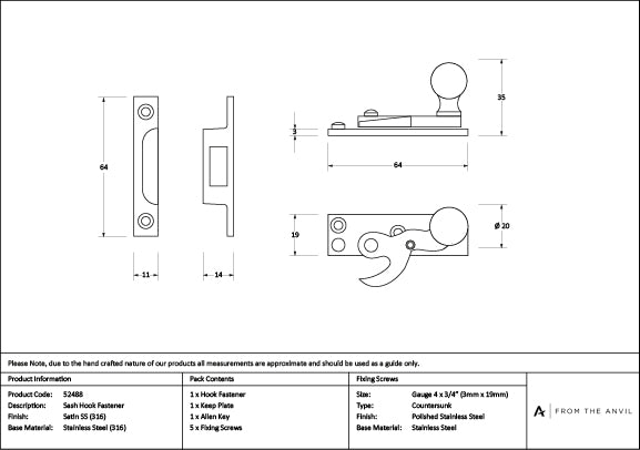 Satin Marine SS (316) Sash Hook Fastener