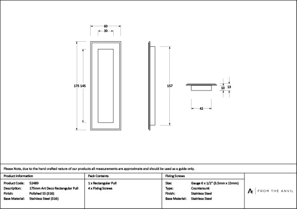 Polished Marine SS (316) 175mm Art Deco Rectangular Pull