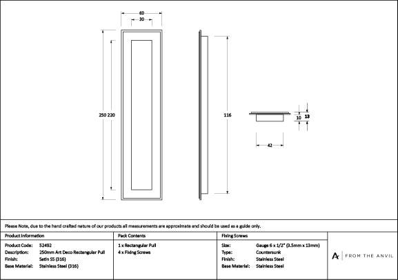 Satin Marine SS (316) 250mm Art Deco Rectangular Pull