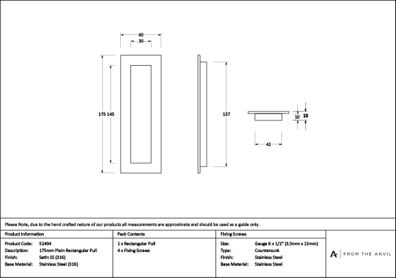 Satin Marine SS (316) 175mm Plain Rectangular Pull