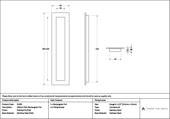 Polished Marine SS (316) 250mm Plain Rectangular Pull