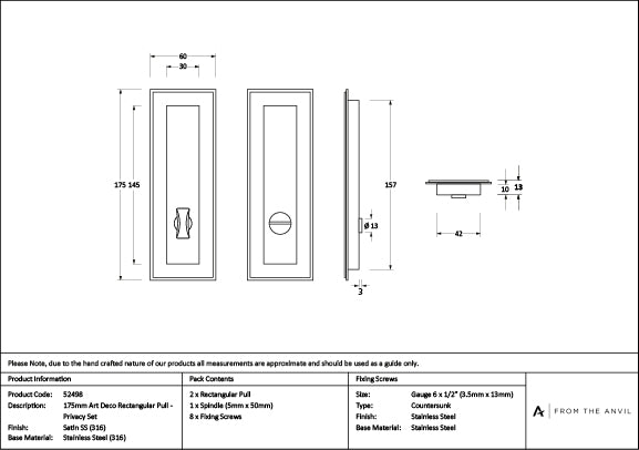 Satin Marine SS (316) 175mm Art Deco Rectangular Pull - Privacy Set