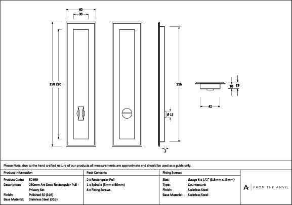 Polished Marine SS (316) 250mm Art Deco Rectangular Pull -Privacy Set