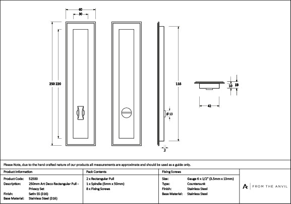 Satin Marine SS (316) 250mm Art Deco Rectangular Pull -Privacy Set