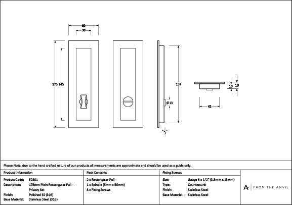 Polished Marine SS (316) 175mm Plain Rectangular Pull - Privacy Set