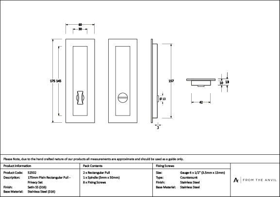 Satin Marine SS (316) 175mm Plain Rectangular Pull - Privacy Set