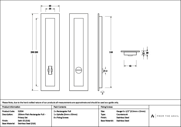 Satin Marine SS (316) 250mm Plain Rectangular Pull - Privacy Set