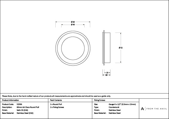 Satin Marine SS (316) 60mm Art Deco Round Pull