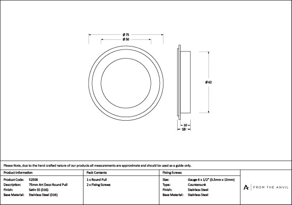 Satin Marine SS (316) 75mm Art Deco Round Pull
