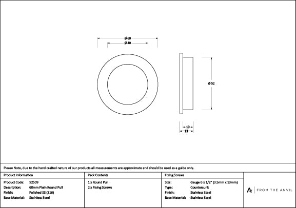 Polished Marine SS (316) 60mm Plain Round Pull
