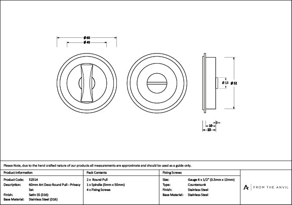 Satin Marine SS (316) 60mm Art Deco Round Pull - Privacy Set