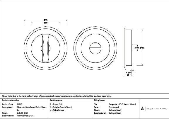Satin Marine SS (316) 75mm Art Deco Round Pull - Privacy Set