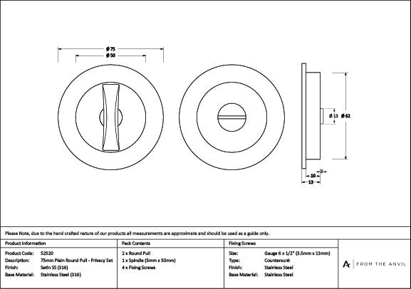 Satin Marine SS (316) 75mm Plain Round Pull - Privacy Set