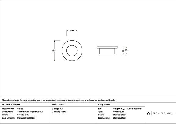 Satin Marine SS (316) 34mm Round Finger Edge Pull