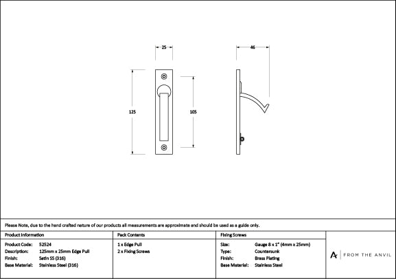 Satin Marine SS (316) 125mm x 25mm Edge Pull