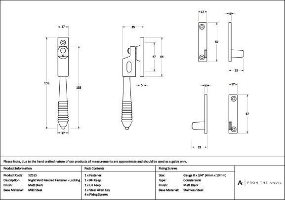 Matt Black Night-Vent Locking Reeded Fastener